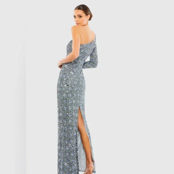 NWT Mac Duggal Sz 6 5479 Embellished One Shoulder Asymmetrical Gown Slate $798 - Picture 4 of 17